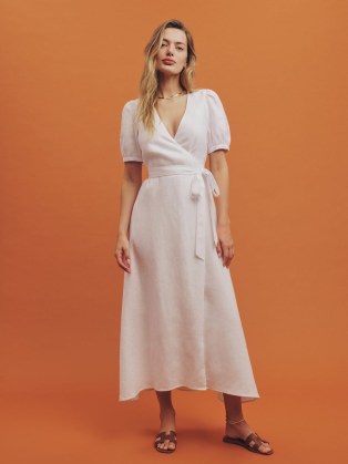 Reformation Weiss Linen Dress in White / puff sleeved midi length wrap dresses / tie waist / women’s effortlessly stylish summer fashion / chic minimalist warm weather clothes
