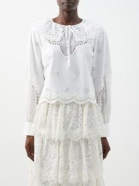 SELF-PORTRAIT Broderie-anglaise cotton-lawn top – white semi sheer scalloped hem summer tops – romantic oversized collars – floral cut outs