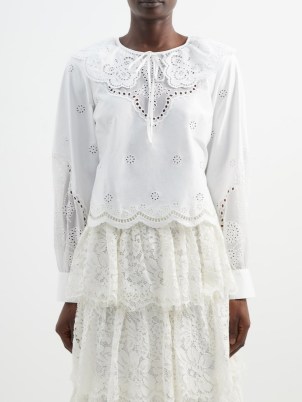 SELF-PORTRAIT Broderie-anglaise cotton-lawn top – white semi sheer scalloped hem summer tops – romantic oversized collars – floral cut outs - flipped