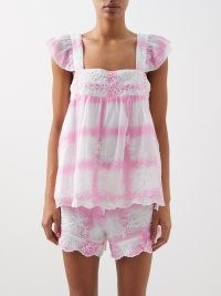 JULIET DUNN Dye-check ruffle-sleeve cotton top – pretty pink and white puff sleeve summer tops – women’s feminine summer fashion – MATCHESFASHION