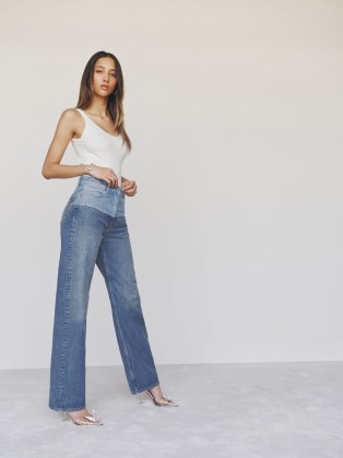 Reformation Wilder Two Tone High Rise Wide Leg Jeans in Saratoga | women’s tonal blue colour block denim fashion - flipped