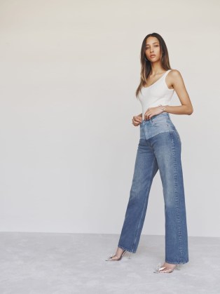 Reformation Wilder Two Tone High Rise Wide Leg Jeans in Saratoga | women’s tonal blue colour block denim fashion