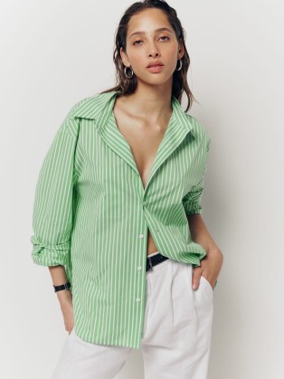 Reformation Will Oversized Shirt Green Stripe ~ women’s chic oversized striped shirts - flipped