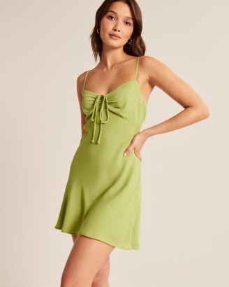 Abercrombie & Fitch Cinch Front Slip Mini Dress Lime Green ~ spaghetti strap dresses ~ strappy summer fashion - flipped
