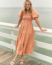 Abercrombie x Dede & Emily Flowy Linen-Blend Midi Dress in Light Brown | puff sleeved summer dresses | tiered hem | smocked bodice