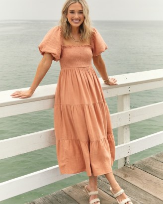 Abercrombie x Dede & Emily Flowy Linen-Blend Midi Dress in Light Brown | puff sleeved summer dresses | tiered hem | smocked bodice - flipped