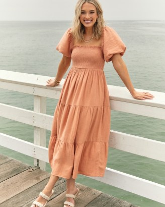Abercrombie x Dede & Emily Flowy Linen-Blend Midi Dress in Light Brown | puff sleeved summer dresses | tiered hem | smocked bodice
