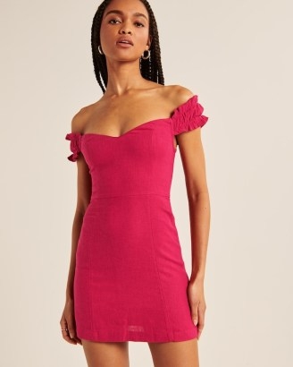 Abercrombie & Fitch Off-The-Shoulder Corset Mini Dress in Pink | ruffled shoulder detail bardot dresses | going out evening fashion | glamorous fitted party clothes - flipped