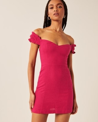 Abercrombie & Fitch Off-The-Shoulder Corset Mini Dress in Pink | ruffled shoulder detail bardot dresses | going out evening fashion | glamorous fitted party clothes