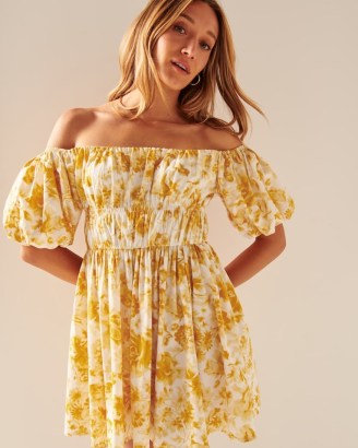 Abercrombie & Fitch Off-The-Shoulder Puff Sleeve Mini Dress Yellow Floral / women’s bardot summer dresses / feminine fashion - flipped