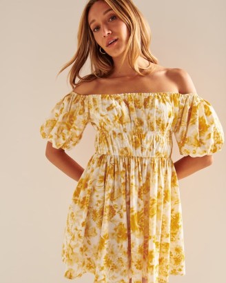 Abercrombie & Fitch Off-The-Shoulder Puff Sleeve Mini Dress Yellow Floral / women’s bardot summer dresses / feminine fashion