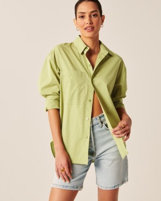 Abercrombie & Fitch Oversized Poplin Button-Up Shirt in Lime ~ women’s green curved hem shirts ~ womens casual on-trend wardrobe essentials - flipped