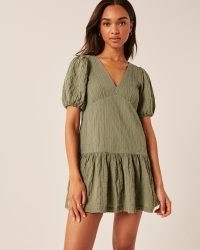 Abercrombie & Fitch Puff Sleeve Trapeze Mini Dress in Olive ~ green cotton tiered hem summer dresses ~ women’s on-trend fashion