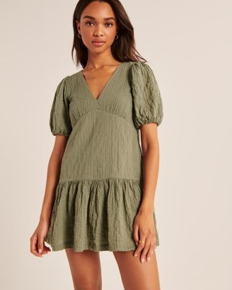 Abercrombie & Fitch Puff Sleeve Trapeze Mini Dress in Olive ~ green cotton tiered hem summer dresses ~ women’s on-trend fashion - flipped
