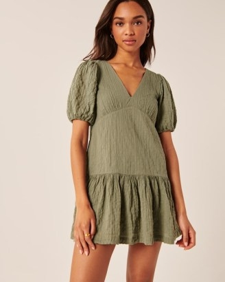 Abercrombie & Fitch Puff Sleeve Trapeze Mini Dress in Olive ~ green cotton tiered hem summer dresses ~ women’s on-trend fashion