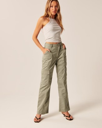 Abercrombie & Fitch Relaxed Utility Pants in Olive ~ women’s casual green criss cross waistband trousers ~ crossover waist ~ side pocket detail ~ cargo style fashion - flipped
