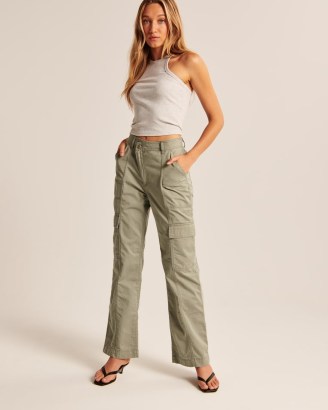 Abercrombie & Fitch Relaxed Utility Pants in Olive ~ women’s casual green criss cross waistband trousers ~ crossover waist ~ side pocket detail ~ cargo style fashion