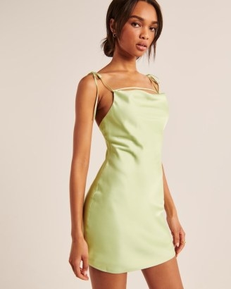 Abercrombie & Fitch Removable Strap Satin Cowl Neck Mini Dress in Lime Green ~ skinny tie shoulder strap going out dresses ~ strappy summer evening fashion - flipped