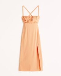Abercrombie & Fitch Ruched Midi Dress in Orange / strappy gathered bust dresses
