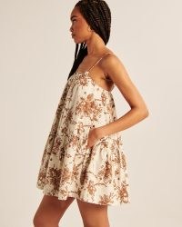Abercrombie & Fitch Ruffle Trapeze Mini Dress Brown Floral / spaghetti shoulder strap tiered hem dresses / feminine summer fashion with volume