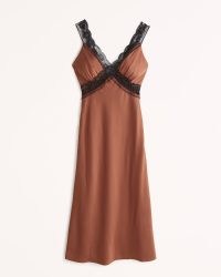 Abercrombie & Fitch Satin Slip Midi Dress in Brown | vintage style lace trim slip dresses | luxe style evening fashion | feminine going out clothes