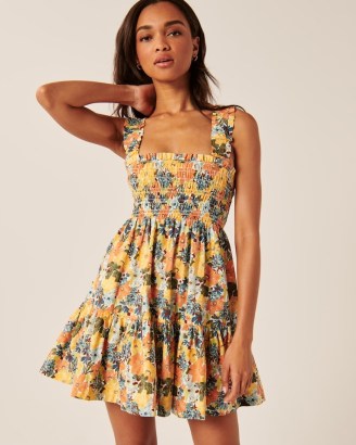 Abercrombie & Fitch Smocked Bodice Easy Mini Dress in multifloral / floral print ruffled shoulder strap fit and flare dresses / tiered hem - flipped