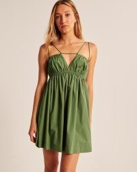Abercrombie & Fitch Strappy Babydoll Mini Dress | green spaghetti strap empire waist dresses | plunge front fashion | gathered bust detail | feminine summer clothes