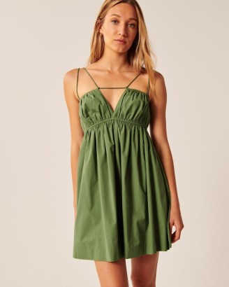 Abercrombie & Fitch Strappy Babydoll Mini Dress | green spaghetti strap empire waist dresses | plunge front fashion | gathered bust detail | feminine summer clothes - flipped