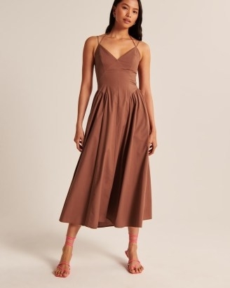 Strappy Plunge Corset Maxi Dress ~ brown skinny strap fitted bodice dresses ~ spaghetti straps ~ strappy summer fit and flare