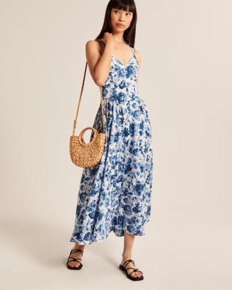 Abercrombie & Fitch Strappy Plunge Corset Maxi Dress in Blue Floral / skinny shoulder strap summer dresses / fitted bodice