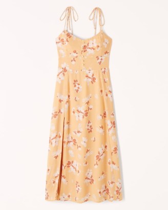Abercrombie & Fitch Tie-Strap Corset Midi Dress in Orange Print / floral cami strap dresses - flipped