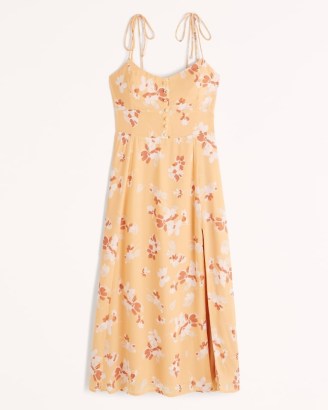Abercrombie & Fitch Tie-Strap Corset Midi Dress in Orange Print / floral cami strap dresses