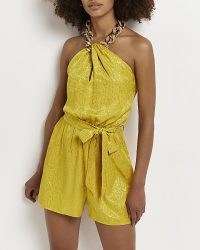 RIVER ISLAND YELLOW ANIMAL PRINT PLAYSUIT – chunky chain halterneck playsuits – tie waist – cut out detail – halter neck fashion