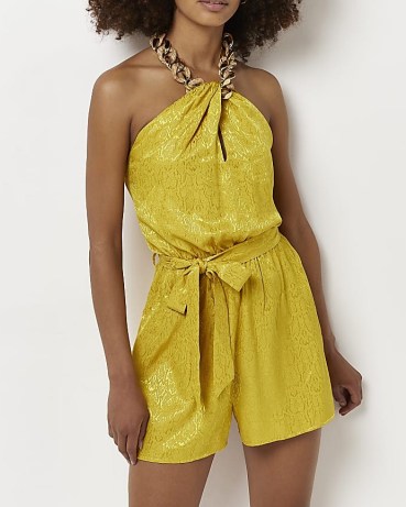 RIVER ISLAND YELLOW ANIMAL PRINT PLAYSUIT – chunky chain halterneck playsuits – tie waist – cut out detail – halter neck fashion - flipped