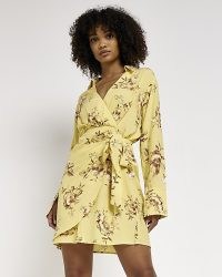 RIVER ISLAND YELLOW FLORAL WRAP MINI DRESS / printed long sleeve tie fastening dresses