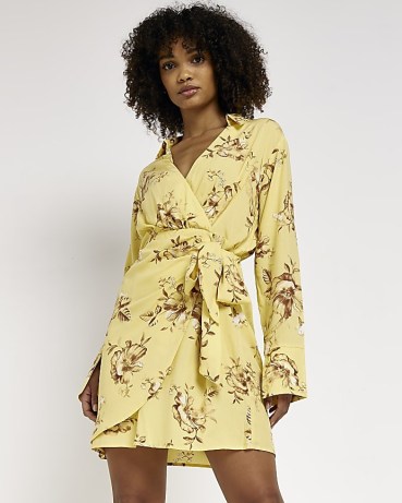 RIVER ISLAND YELLOW FLORAL WRAP MINI DRESS / printed long sleeve tie fastening dresses