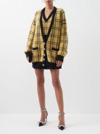 ALESSANDRA RICH Oversized check-jacquard cardigan / women’s yellow and black checked cardigans / womens designer knitwear at MATCHESFASHION / crystal embellished button detail / drop shoulder