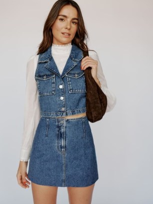 Reformation Abbi Two Piece Denim Set in Delray | blue sleeveless top and mini skirt co-ord | on-trend fashion sets | women’s clothing co-ords - flipped
