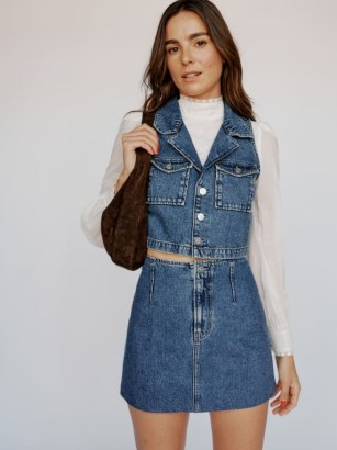 Reformation Abbi Two Piece Denim Set in Delray | blue sleeveless top and mini skirt co-ord | on-trend fashion sets | women’s clothing co-ords