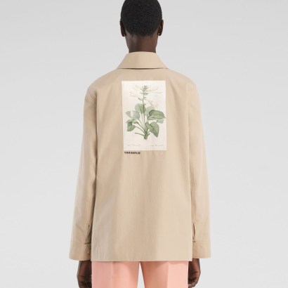 BURBERRY Botanical Sketch Cotton Tropical Gabardine Jacket in Soft Fawn ~ women’s neutral designer jackets ~ outerwear with floral detail - flipped