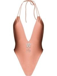 Alessandra Rich lurex halterneck swimsuit | deep plunge halter swimsuits | women’s designer plunging swimwear | FARFETCH | crystal embellished