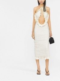 ALEXANDER WANG ruffled-trim midi dress in white ~ textured ruffle trimmed cut out dresses ~ halterneck occasion fashion ~ womens designer party clothes ~ farfetch