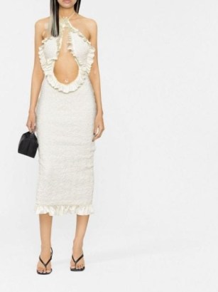 ALEXANDER WANG ruffled-trim midi dress in white ~ textured ruffle trimmed cut out dresses ~ halterneck occasion fashion ~ womens designer party clothes ~ farfetch - flipped