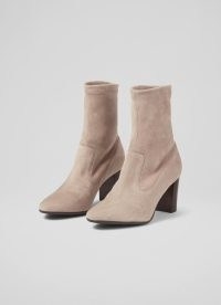 L.K. BENNETT Alice Taupe Stretch Suede Ankle Boots – women’s pull on sock style block heel boots – almond shape toe