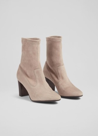 L.K. BENNETT Alice Taupe Stretch Suede Ankle Boots – women’s pull on sock style block heel boots – almond shape toe - flipped
