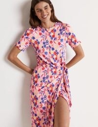 Boden Amanda Jersey Midi Dress Bonbon, Tropic Foliage / pink floral print mock wrap front dresses / short sleeved