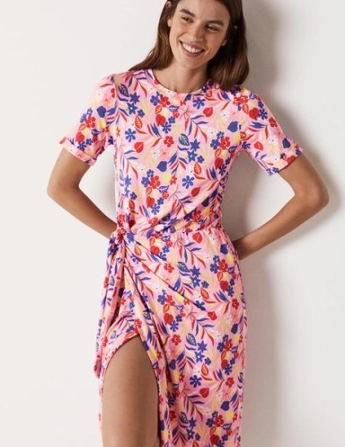 Boden Amanda Jersey Midi Dress Bonbon, Tropic Foliage / pink floral print mock wrap front dresses / short sleeved - flipped