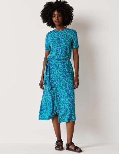 Boden Amanda Jersey Midi Dress Emerald, Tropic Foliage / short sleeve mock wrap dresses / women’s floral print fashion - flipped