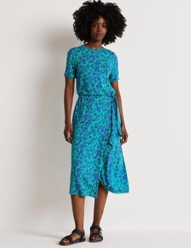 Boden Amanda Jersey Midi Dress Emerald, Tropic Foliage / short sleeve mock wrap dresses / women’s floral print fashion