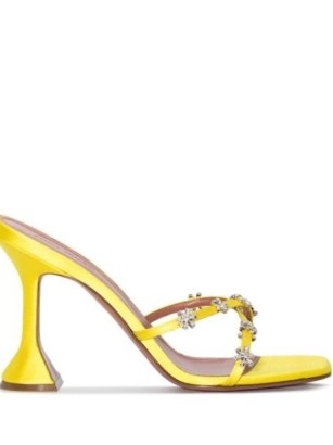 Amina Muaddi Lily 95mm crystal-embellished mules in canary yellow / floral square toe mule sandals / martini style heels / FARFETCH - flipped